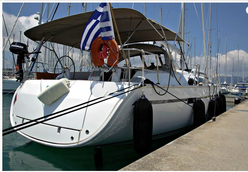 Exterior view of Lenco, a Bavaria Cruiser 46 sailboat at Kontokali, Greece
