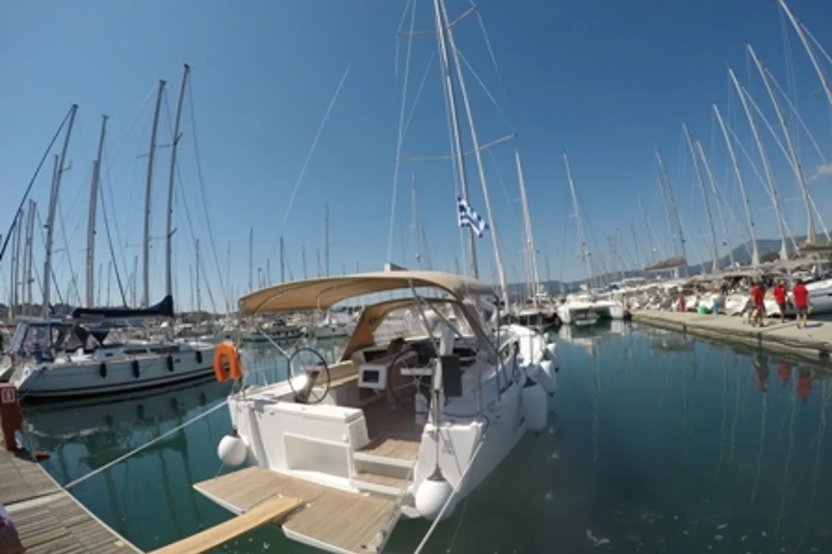 Exterior view of Emerald, a Dufour 390 Grand Large sailboat at Kontokali, Greece