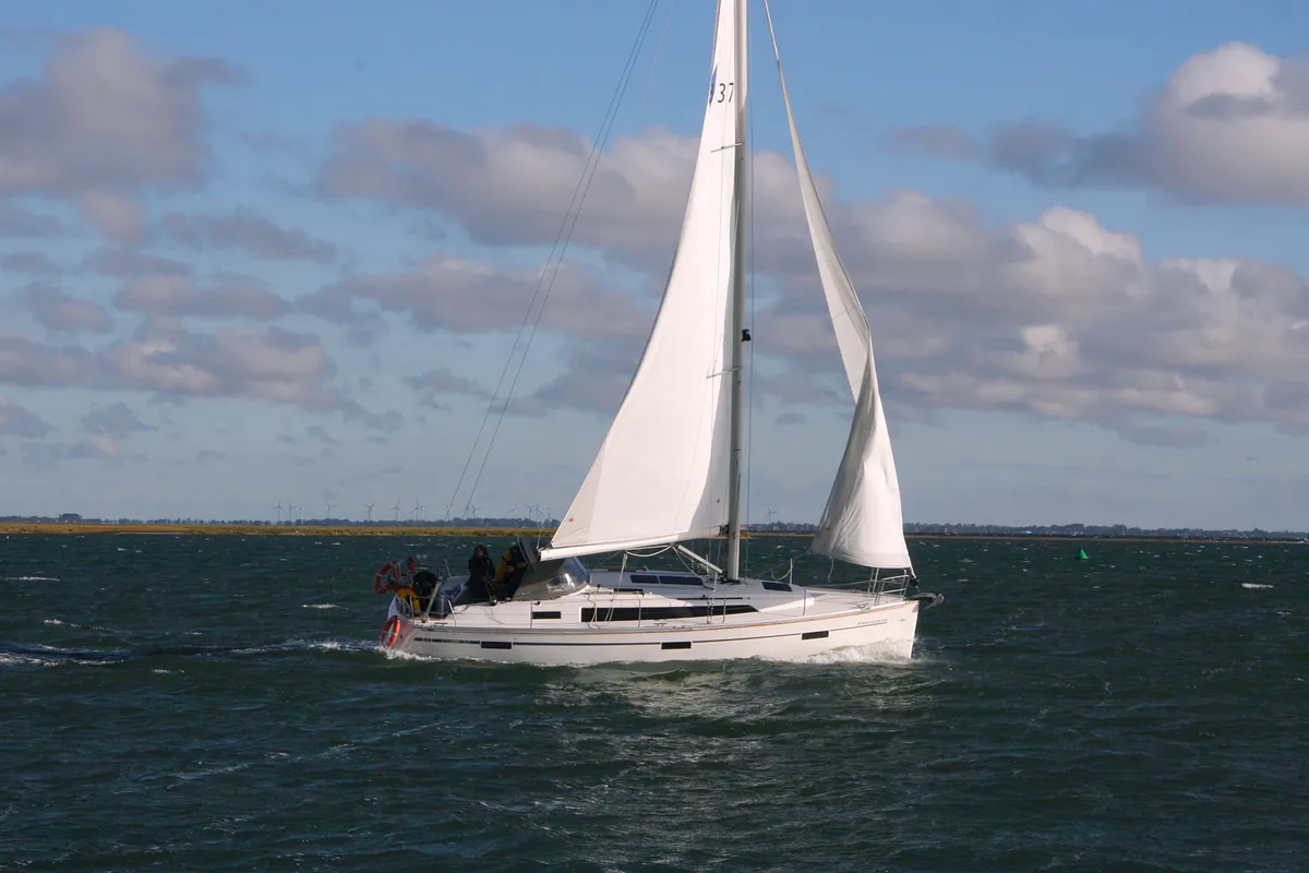 Exterior view of Finny Ocean, a Bavaria Cruiser 37 sailboat at Heiligenhafen, Germany