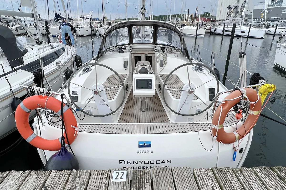 Exterior view of Finny Ocean, a Bavaria Cruiser 37 sailboat at Heiligenhafen, Germany
