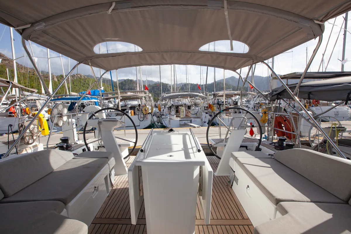 Cockpit of Breezy, a Beneteau Oceanis 46.1 sailboat at Marmaris, Turkey