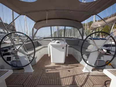 Cockpit of Breezy, a Beneteau Oceanis 46.1 sailboat at Marmaris, Turkey