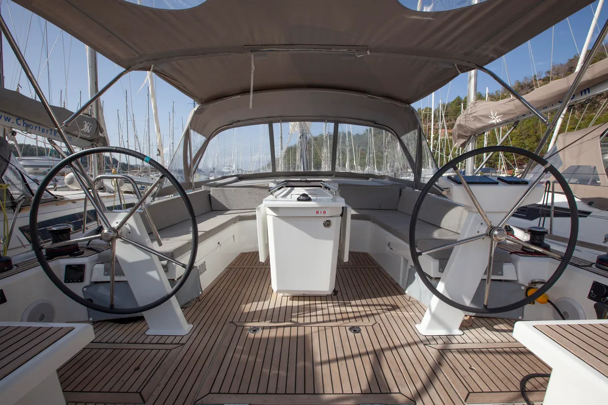 Cockpit of Breezy, a Beneteau Oceanis 46.1 sailboat at Marmaris, Turkey