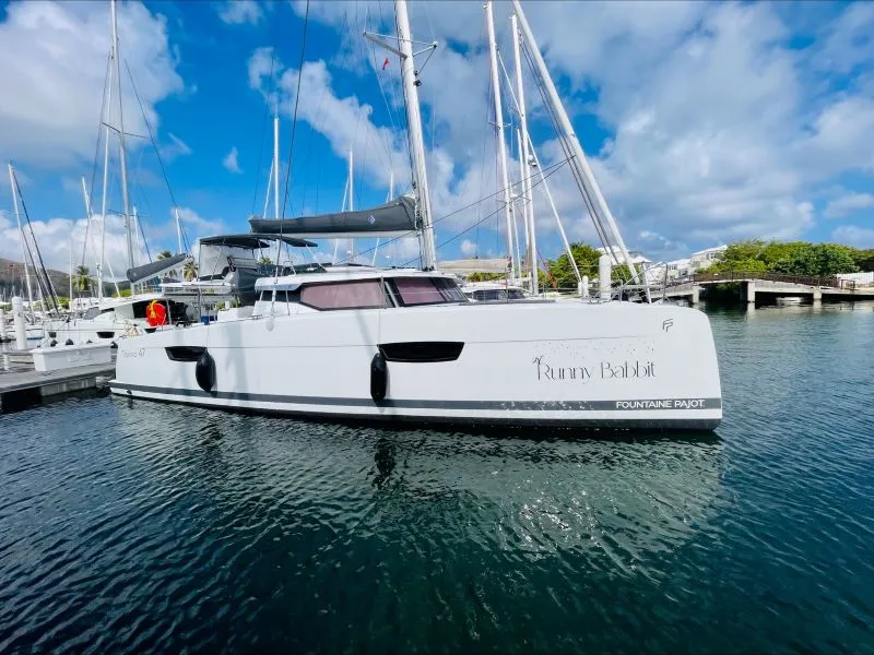 Exterior view of Runny Babbit, a Fountaine Pajot Tanna 47 catamaran at Road Town, British Virgin Islands