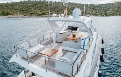 Deck of Illyrius, a Azimut 55 Fly motor yacht at Grad Trogir, Croatia