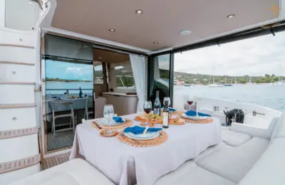 Deck of Illyrius, a Azimut 55 Fly motor yacht at Grad Trogir, Croatia