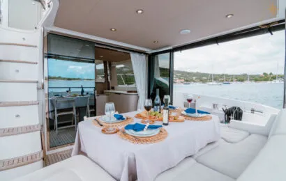 Deck of Illyrius, a Azimut 55 Fly motor yacht at Grad Trogir, Croatia