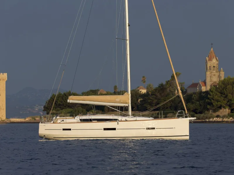 Exterior view of Nishane, a Dufour 460 sailboat at Piombino, Italy