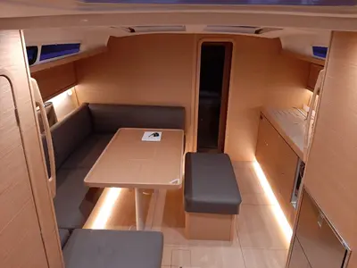 Salon of Nishane, a Dufour 460 sailboat at Piombino, Italy