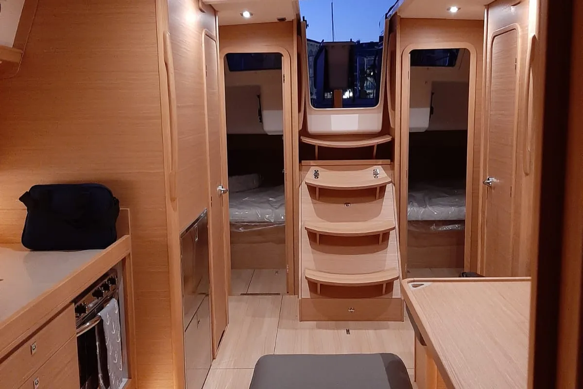 Cabin on Nishane, a Dufour 460 sailboat at Piombino, Italy