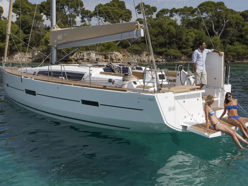Exterior view of Nishane, a Dufour 460 sailboat at Piombino, Italy