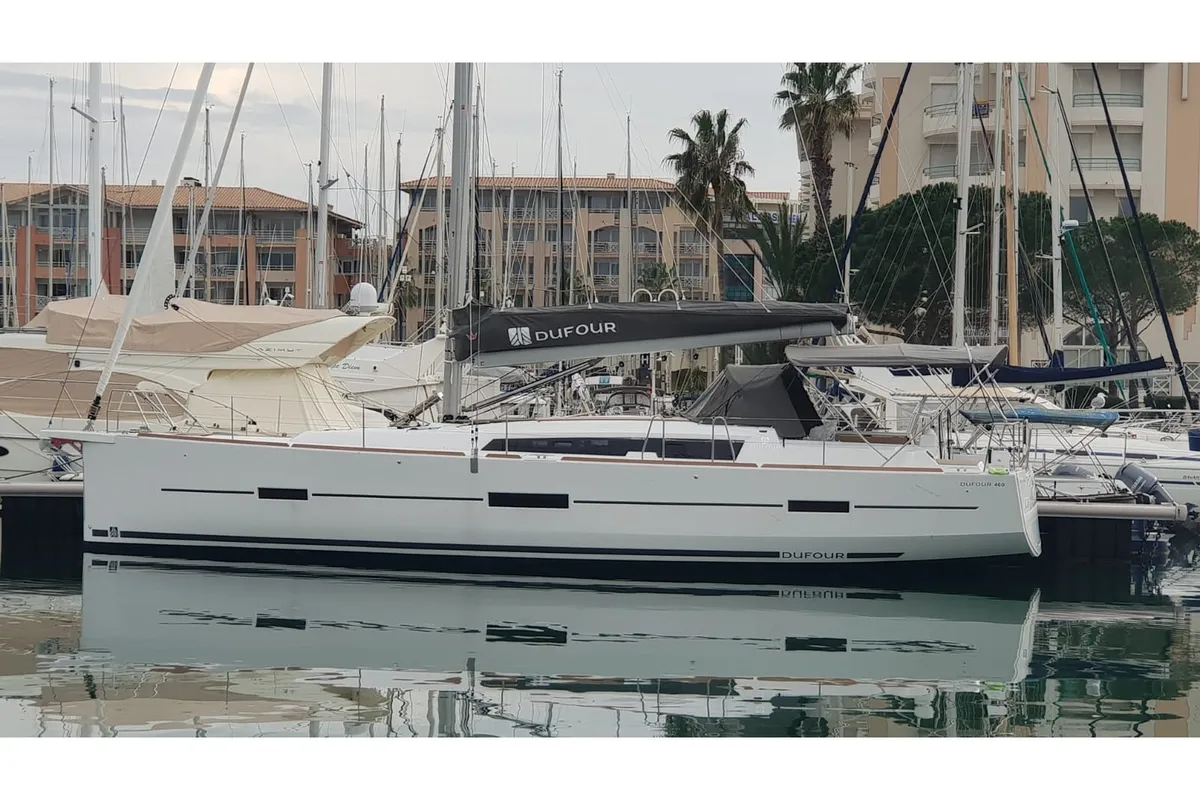 Exterior view of Nishane, a Dufour 460 sailboat at Piombino, Italy