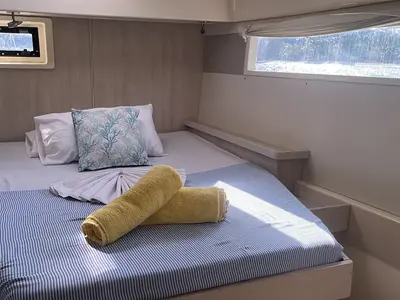 Cabin on The Coronat, a Leopard 48 catamaran at Roche Caiman, Seychelles