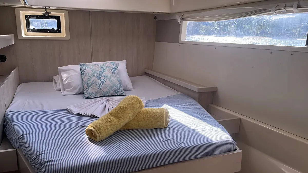 Cabin on The Coronat, a Leopard 48 catamaran at Roche Caiman, Seychelles