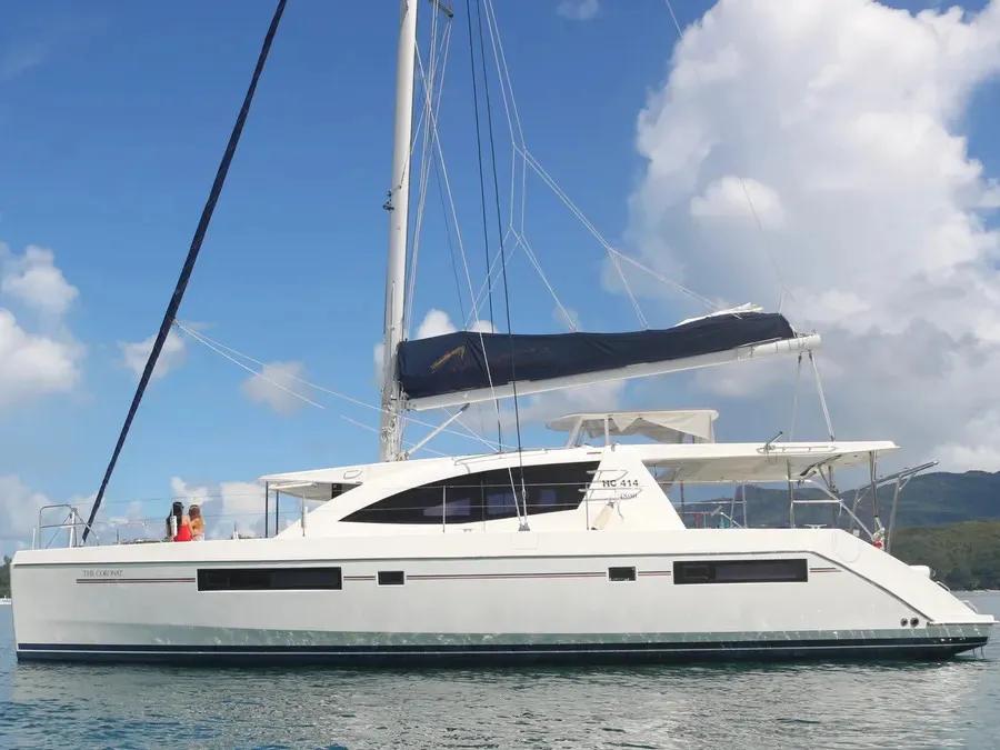 Exterior view of The Coronat, a Leopard 48 catamaran at Roche Caiman, Seychelles