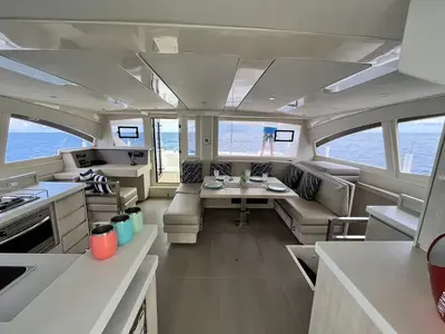 Salon of The Coronat, a Leopard 48 catamaran at Roche Caiman, Seychelles