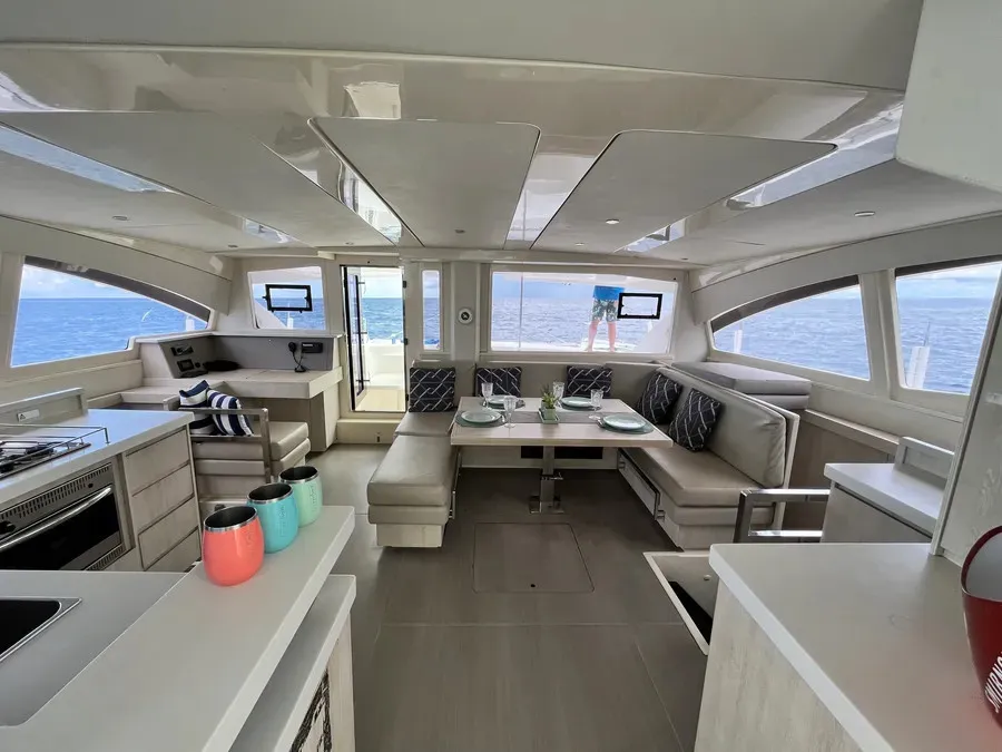 Salon of The Coronat, a Leopard 48 catamaran at Roche Caiman, Seychelles
