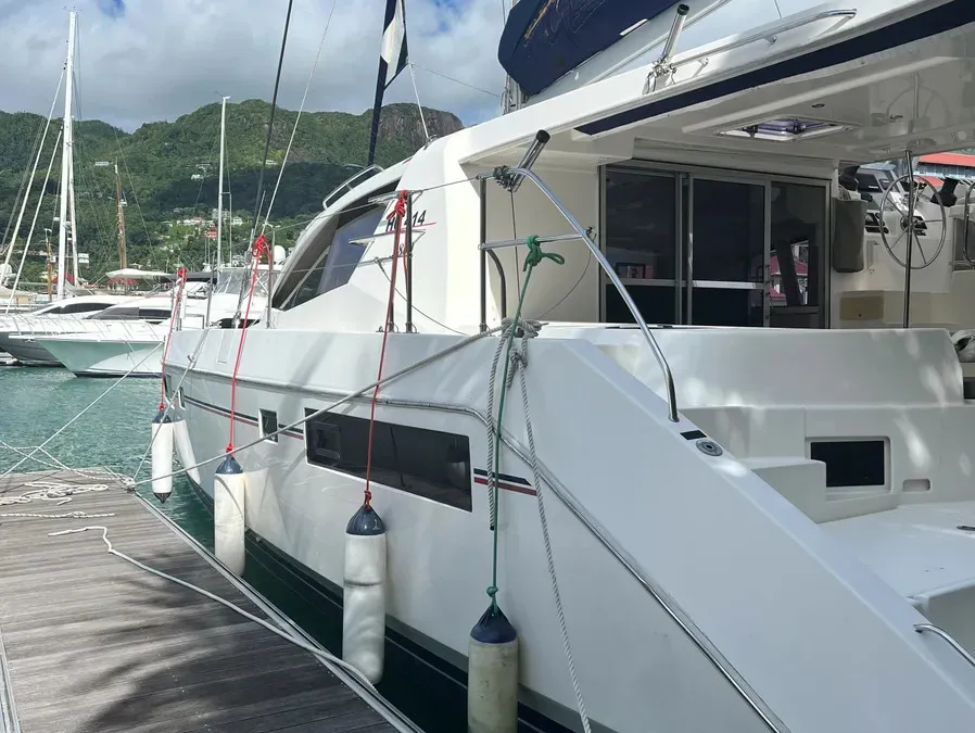 Exterior view of The Coronat, a Leopard 48 catamaran at Roche Caiman, Seychelles