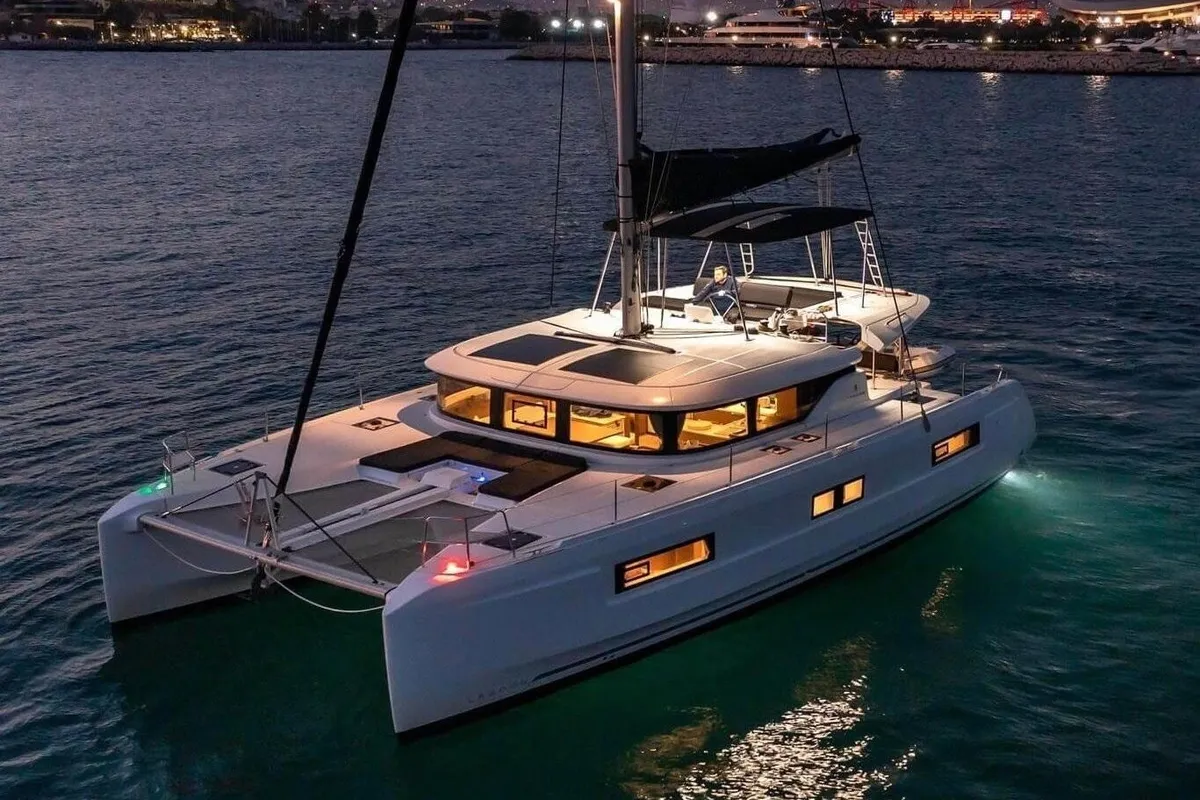 Exterior view of Lumina, a Lagoon 46 catamaran at Municipal Unit of Lefkada, Greece