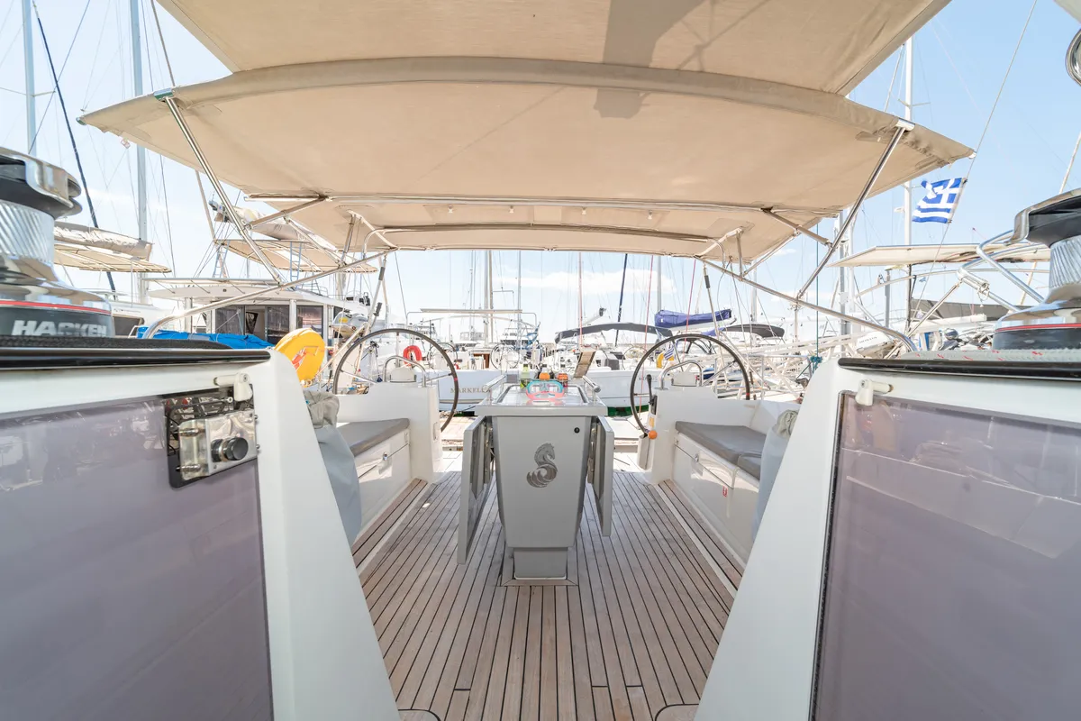Cockpit of Jimmy's, a Beneteau Oceanis 48 sailboat at Athens, Greece