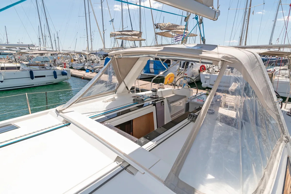 Cockpit of Jimmy's, a Beneteau Oceanis 48 sailboat at Athens, Greece