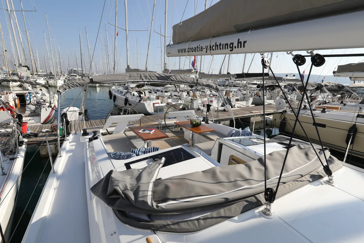 Deck of Aventura, a Hanse 460 sailboat at Dubrovnik, Croatia