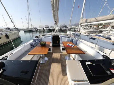 Deck of Aventura, a Hanse 460 sailboat at Dubrovnik, Croatia