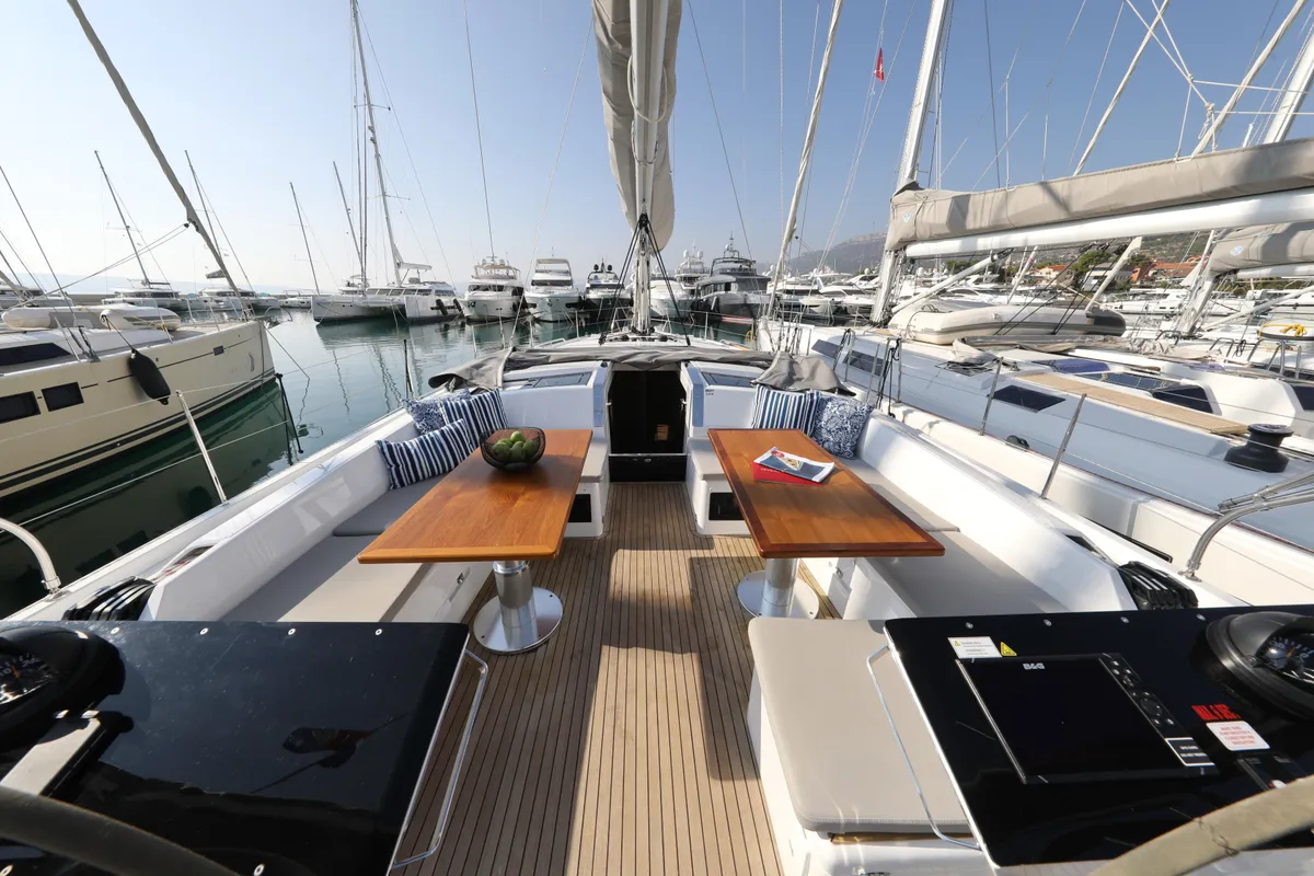 Deck of Aventura, a Hanse 460 sailboat at Dubrovnik, Croatia