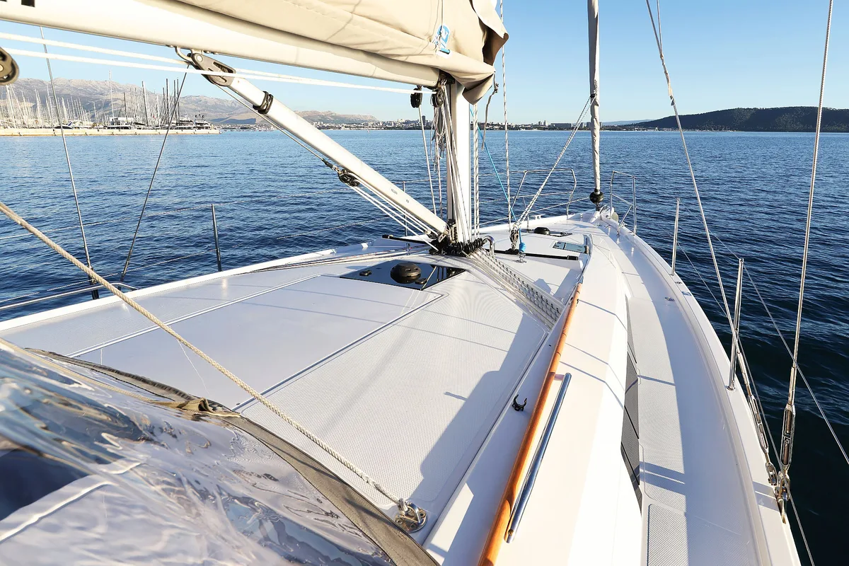 Deck of Amelie, a Hanse 360 sailboat at Grad Kaštela, Croatia