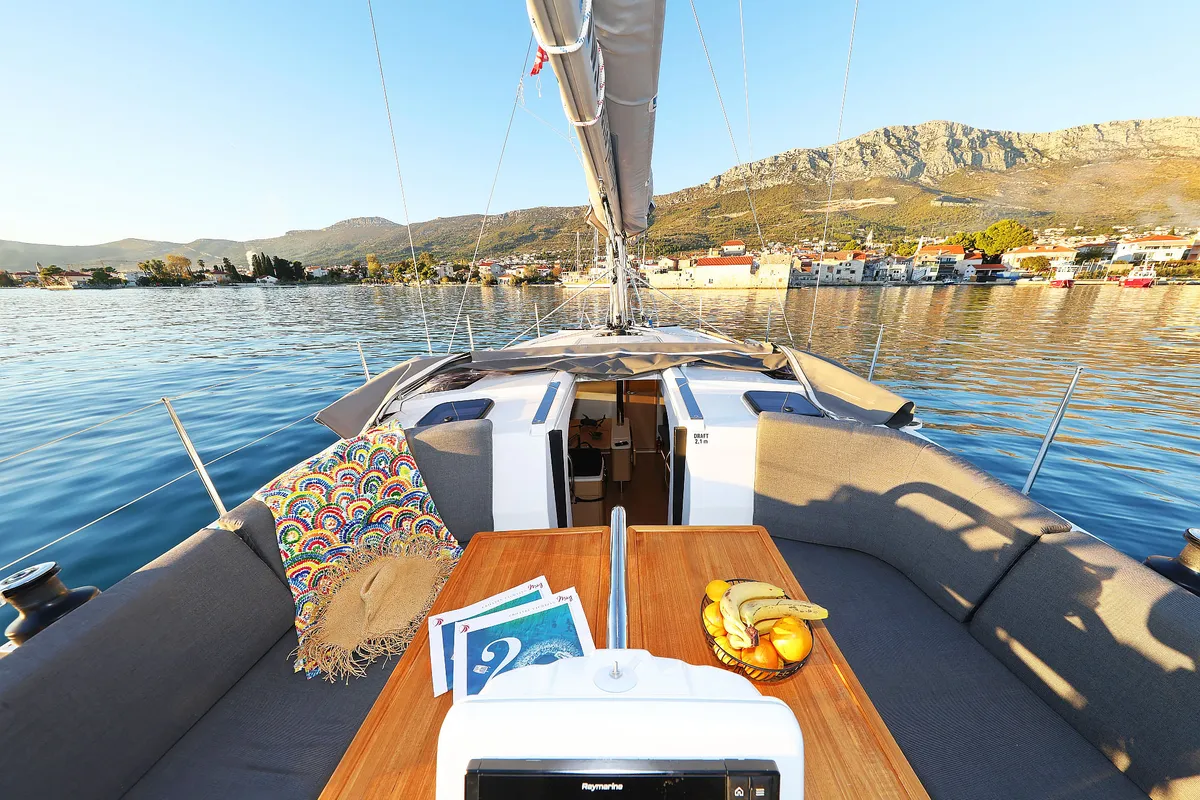 Cockpit of Amelie, a Hanse 360 sailboat at Grad Kaštela, Croatia