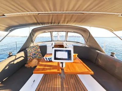 Cockpit of Amelie, a Hanse 360 sailboat at Grad Kaštela, Croatia