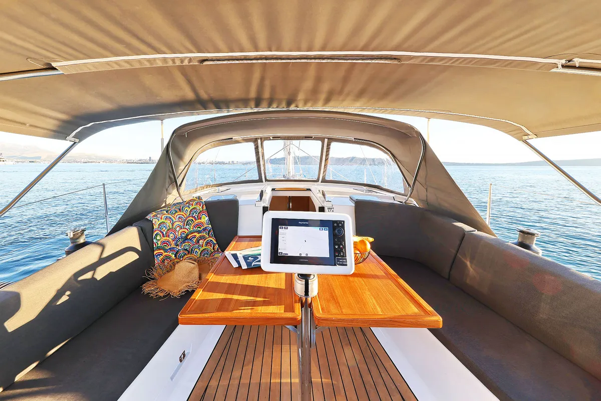 Cockpit of Amelie, a Hanse 360 sailboat at Grad Kaštela, Croatia