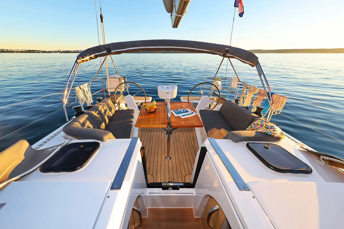 Cockpit of Amelie, a Hanse 360 sailboat at Grad Kaštela, Croatia