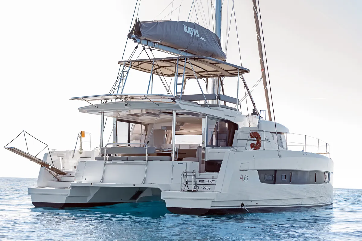 Exterior view of Kos 46.Cat2, a Bali 4.6 catamaran at Athens, Greece