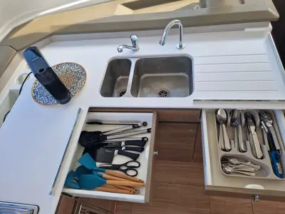 Galley of FONTANA, a Bali Catspace catamaran at Sant Antoni de Portmany, Spain