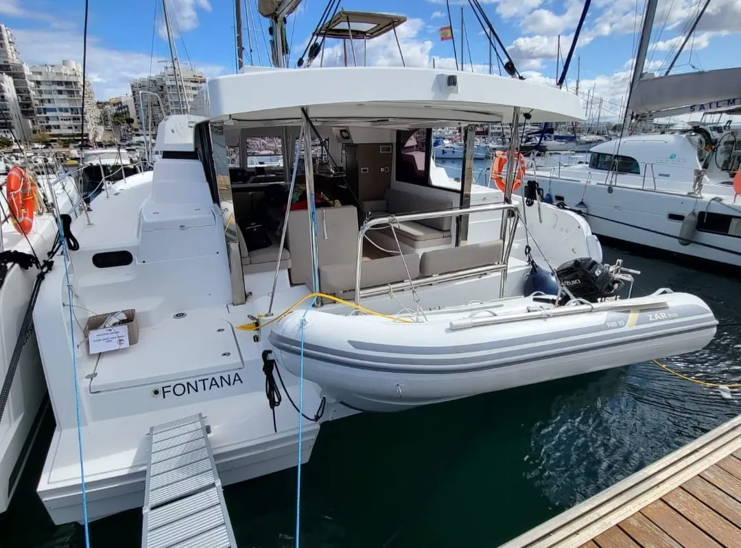 Exterior view of FONTANA, a Bali Catspace catamaran at Sant Antoni de Portmany, Spain