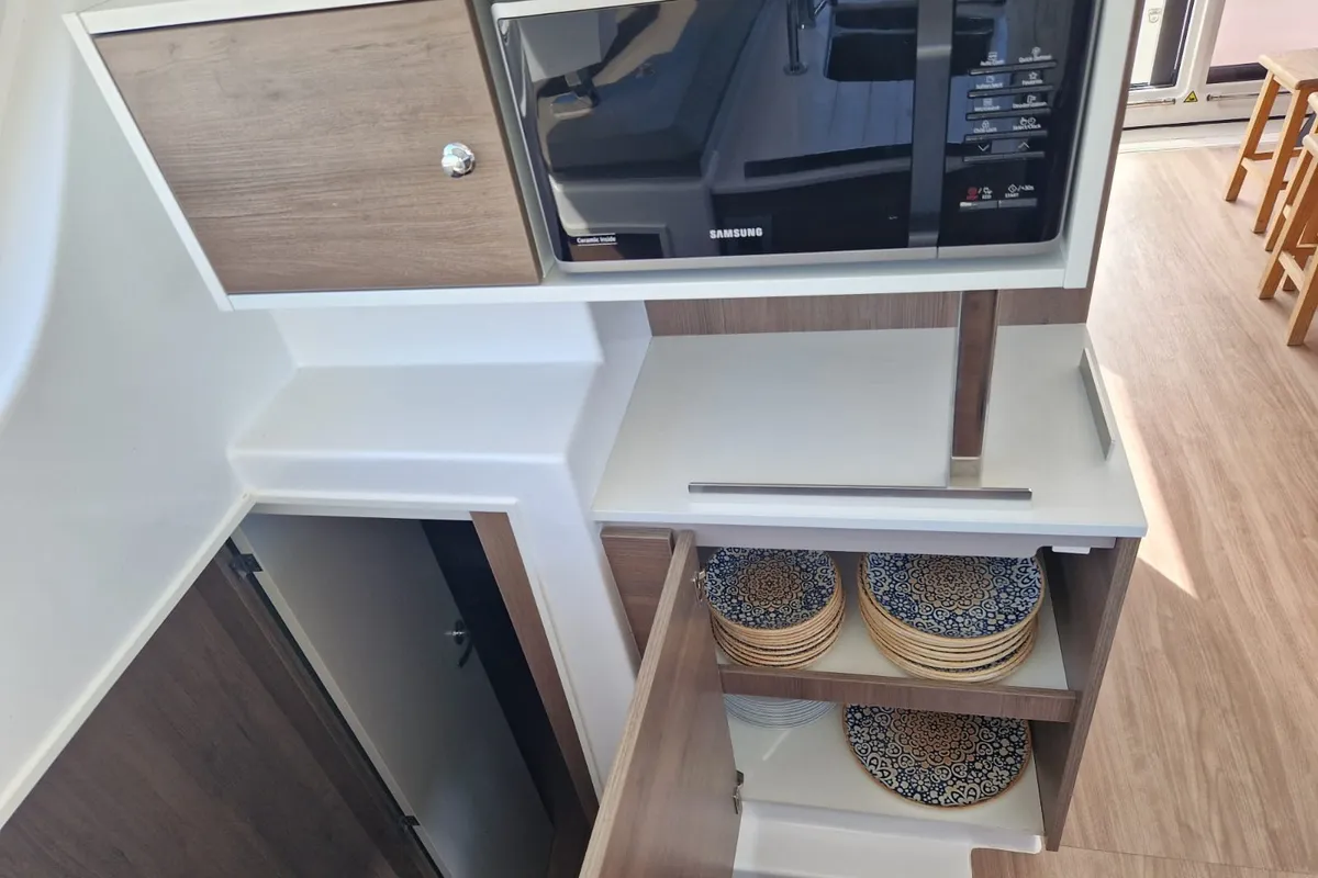 Galley of FONTANA, a Bali Catspace catamaran at Sant Antoni de Portmany, Spain