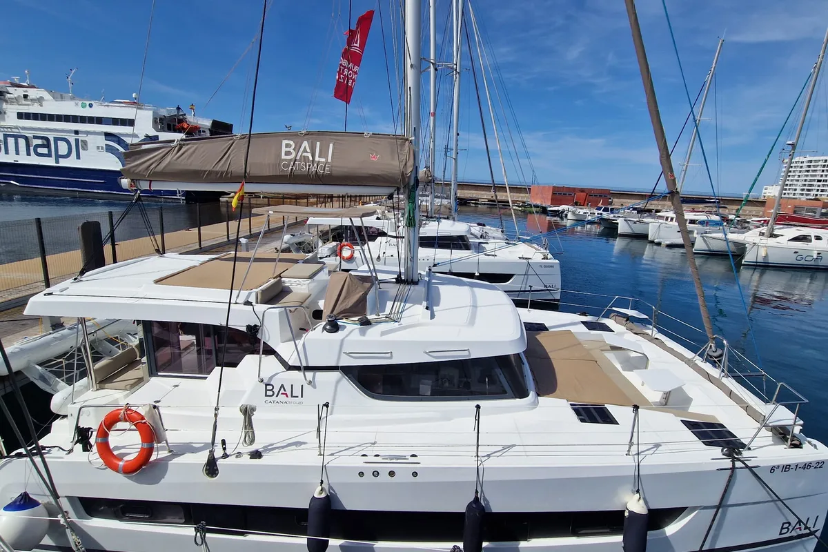 Exterior view of FONTANA, a Bali Catspace catamaran at Sant Antoni de Portmany, Spain