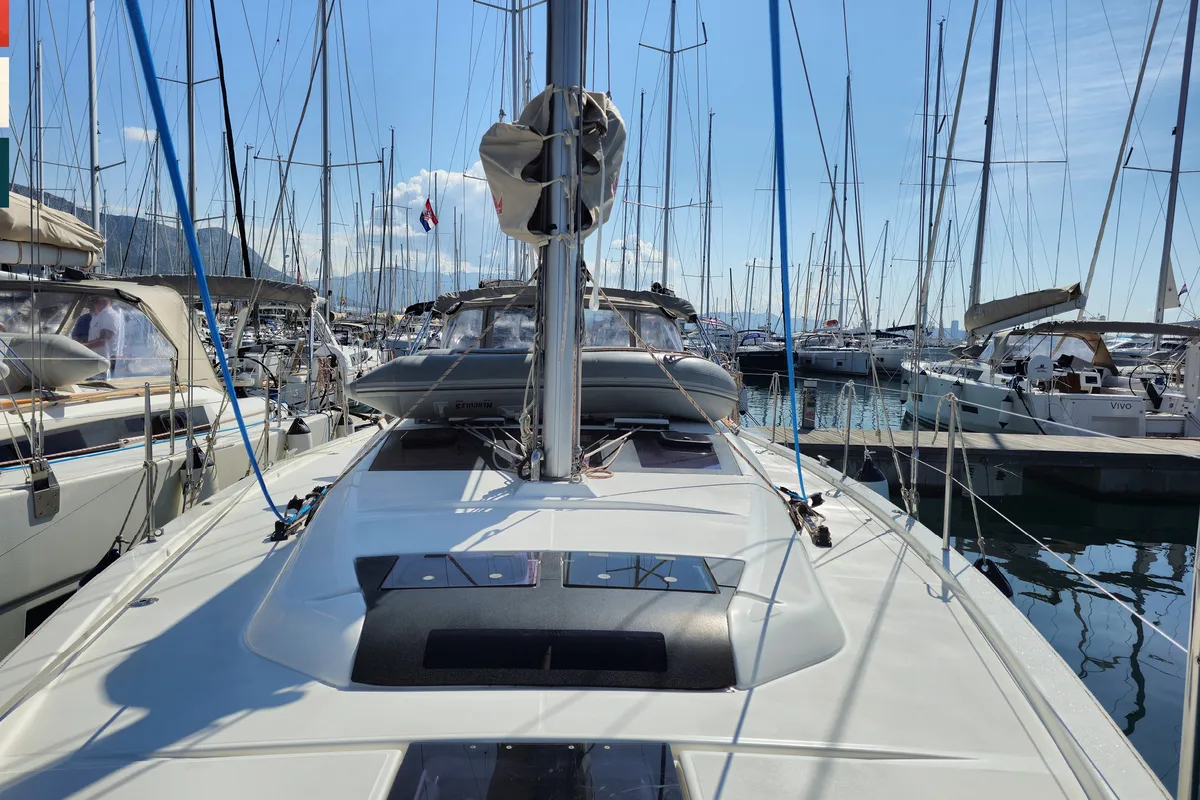 Deck of Nika, a Dufour 390 GL sailboat at Grad Kaštela, Croatia