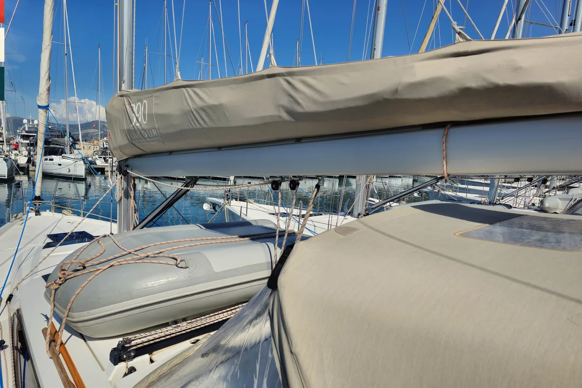 Deck of Nika, a Dufour 390 GL sailboat at Grad Kaštela, Croatia