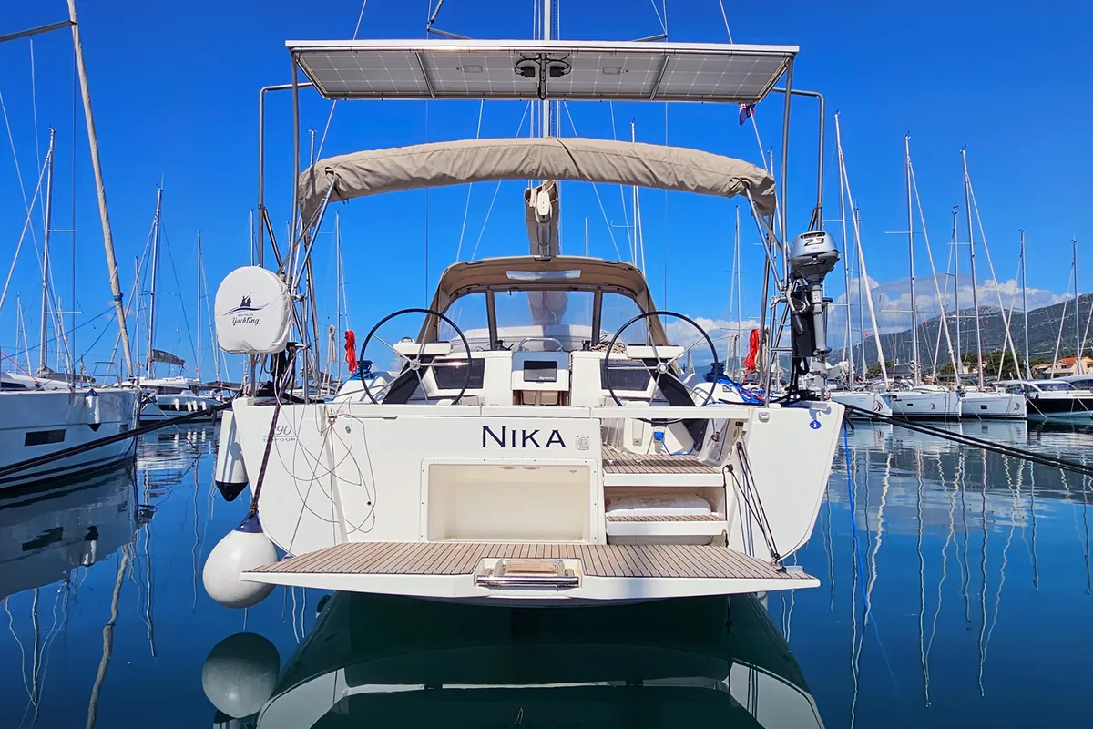 Exterior view of Nika, a Dufour 390 GL sailboat at Grad Kaštela, Croatia