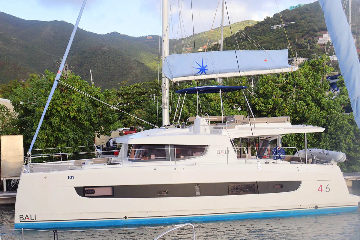 Exterior view of Joy, a Bali 4.6 catamaran at Road Town, British Virgin Islands
