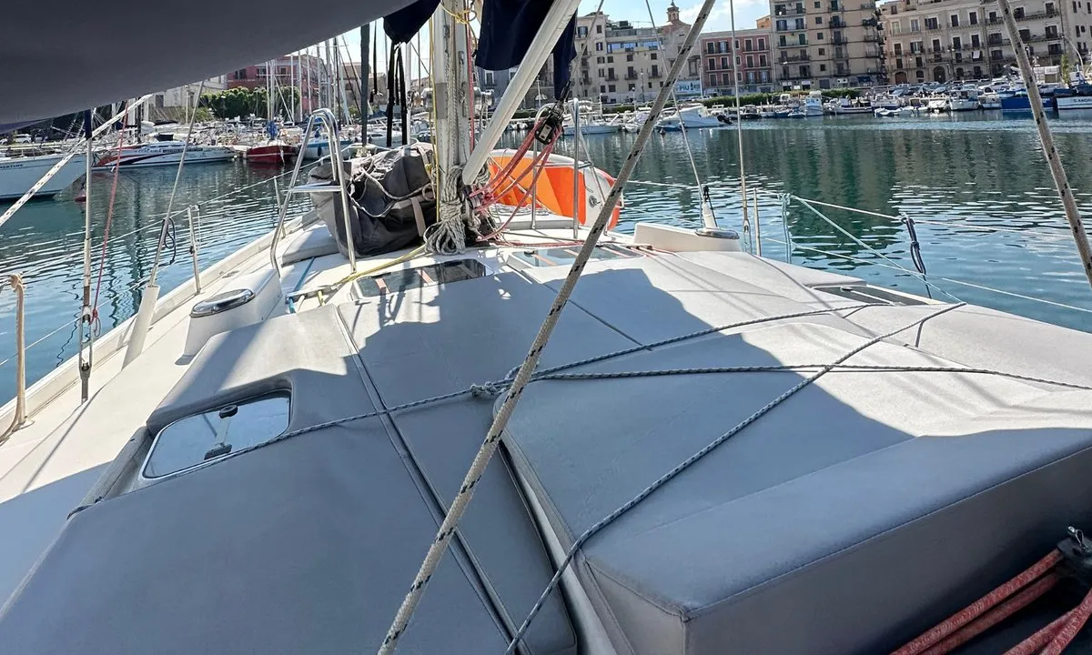 Deck of Maria Louise II, a Beneteau 50 sailboat at Capo d'Orlando, Italy