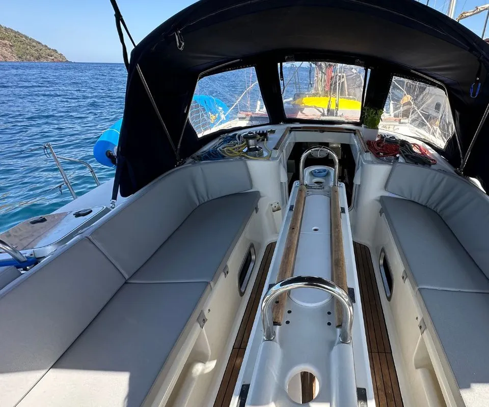 Cockpit of Maria Louise II, a Beneteau 50 sailboat at Capo d'Orlando, Italy