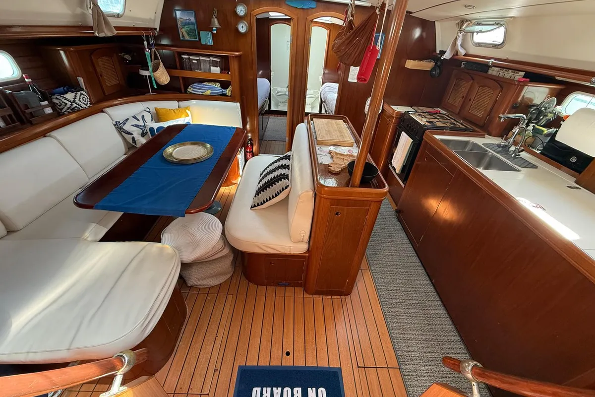 Salon of Maria Louise II, a Beneteau 50 sailboat at Capo d'Orlando, Italy