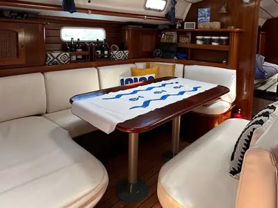 Salon of Maria Louise II, a Beneteau 50 sailboat at Capo d'Orlando, Italy