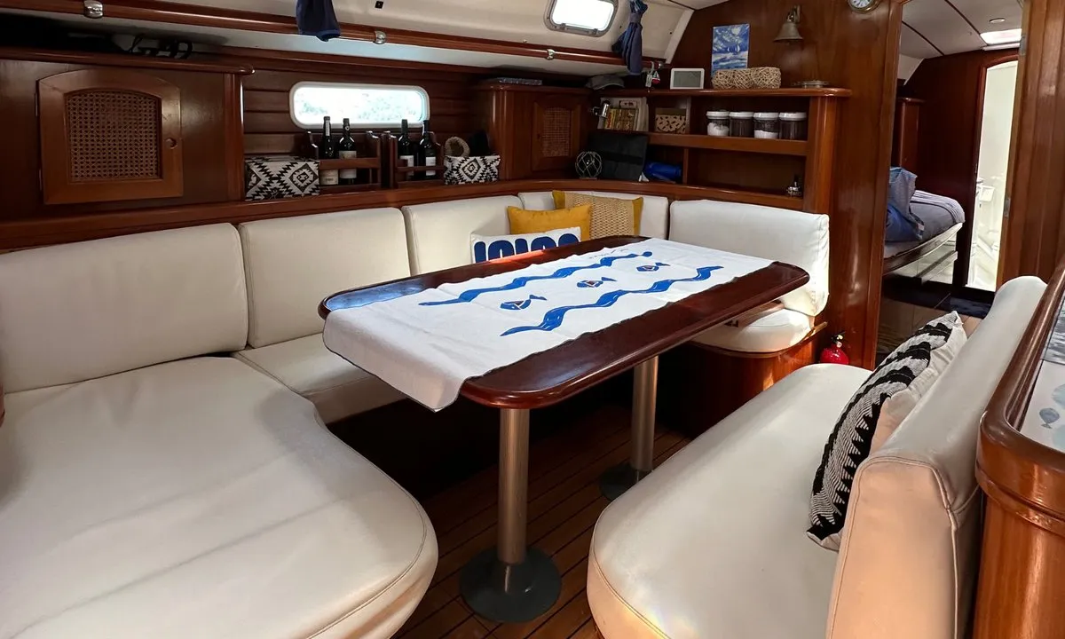 Salon of Maria Louise II, a Beneteau 50 sailboat at Capo d'Orlando, Italy