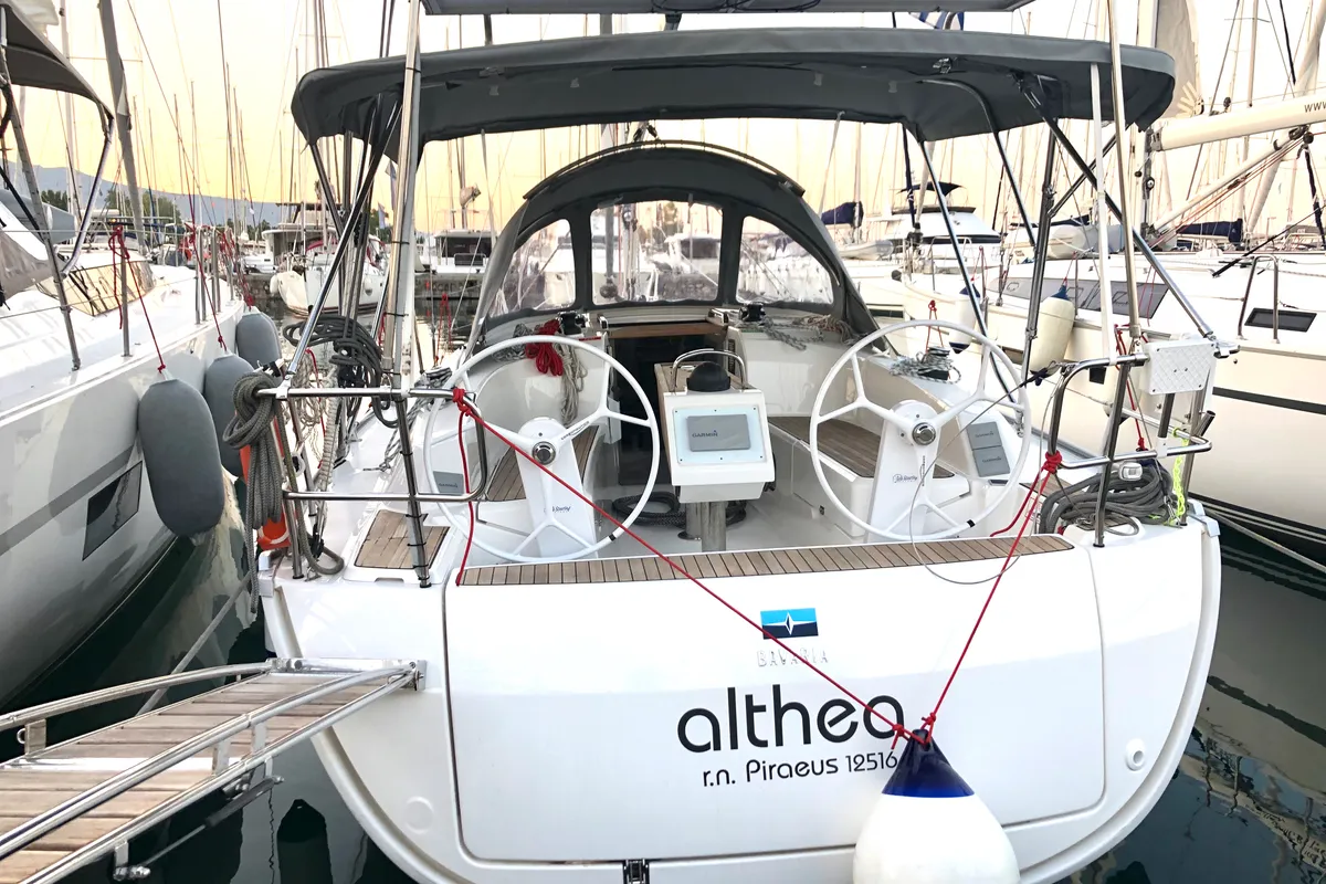 Exterior view of Althea, a Bavaria Cruiser 34 sailboat at Kos, Greece