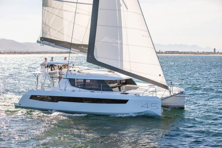 Exterior view of SEAMANTA, a Leopard 45 catamaran at Azam Marina, Tanzania