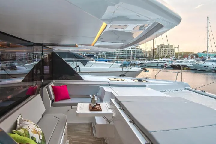 Deck of SEAMANTA, a Leopard 45 catamaran at Azam Marina, Tanzania